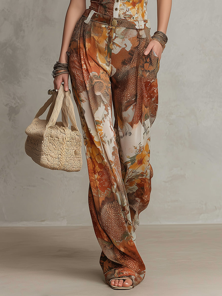 Vintage Floral Print Jumpsuit With Ruffled Trim