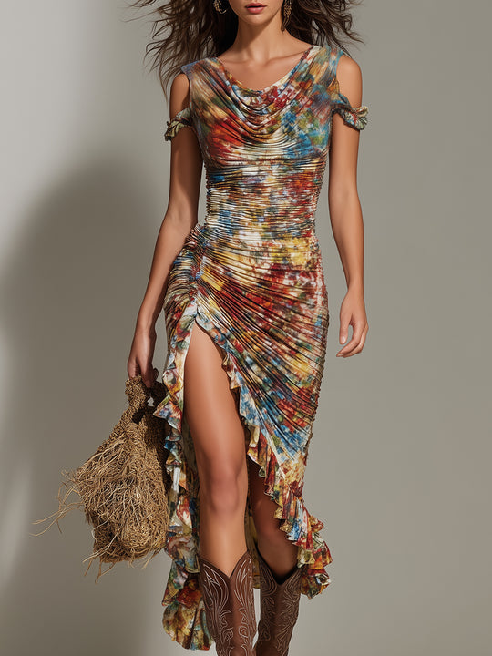 Boho Oil Painting Flowers Swing Collar High Slit Midi Dress