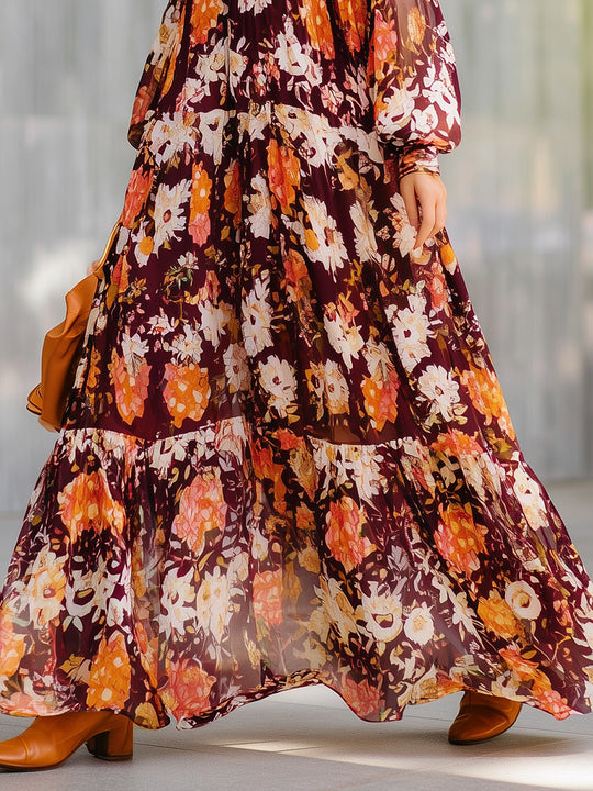 Holiday Bohemian Chiffon Print Ruffled Hem Maxi Dress