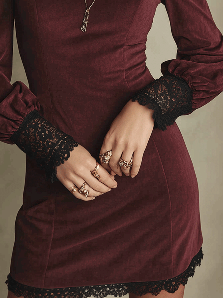 Victorian Velvet Lace-Panel Burgundy Bodycon Mini Dress