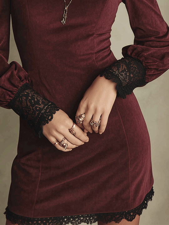 Victorian Velvet Lace-Panel Burgundy Bodycon Mini Dress