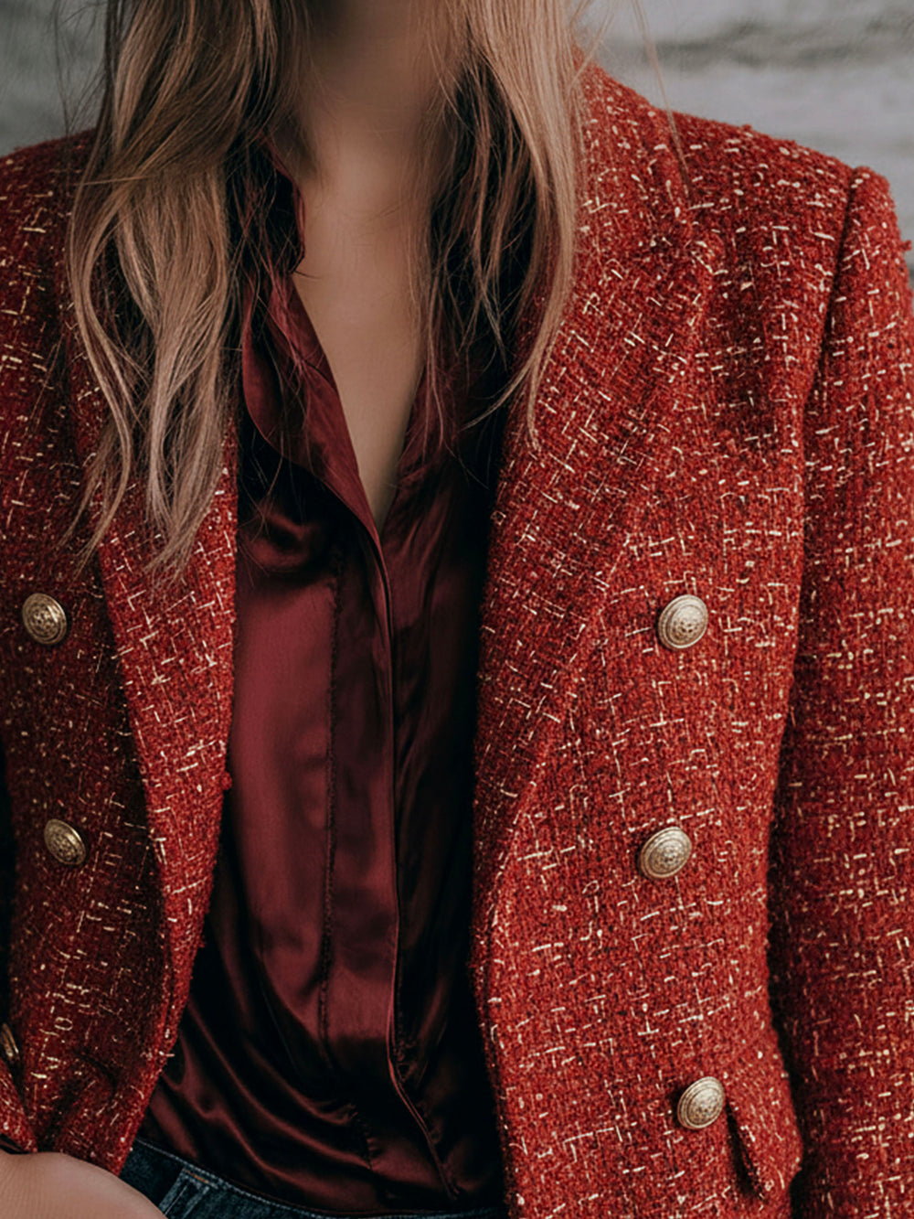 Elegant Red Double-Breasted Gold Button Tweed Blazer