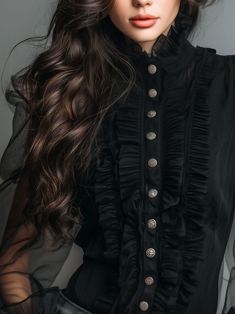 Vintage High Neck Black Sheer Organza Blouse With Ruffle Trim