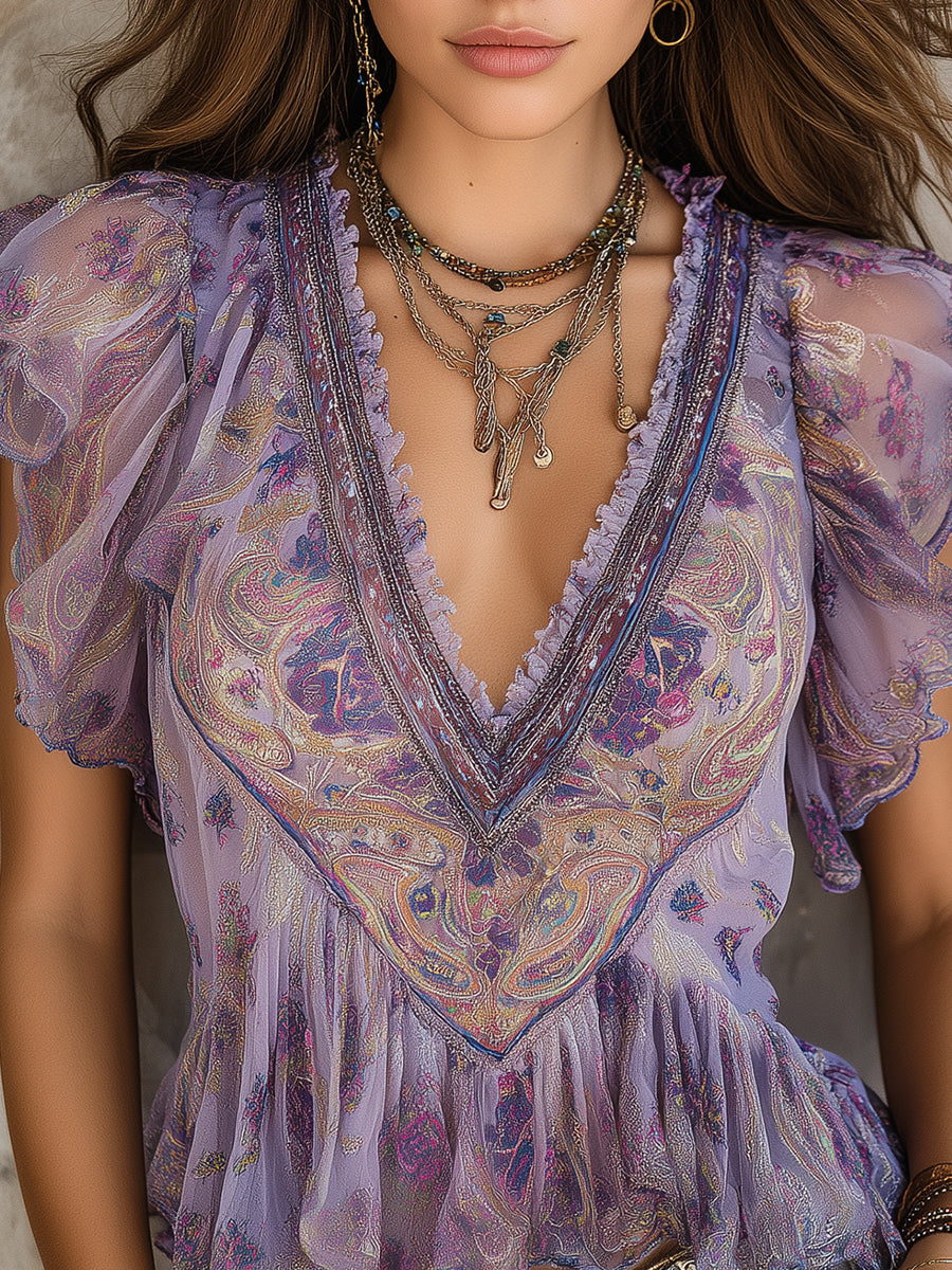 Bohemian Paisley Print Chiffon Blouse With Ruffles