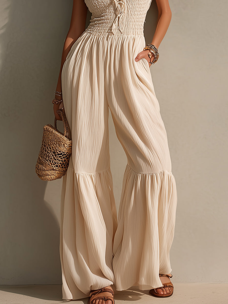 Boho Breast-hugging Ruffled Hem Chiffon Pleated Jumpsuit