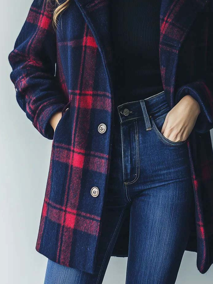 Daily Plaid Pattern Side Pockets Woolen Trench Coat