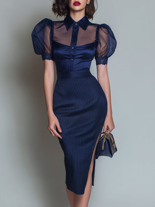 Elegant Satin Striped Hem Slit Midi Dress