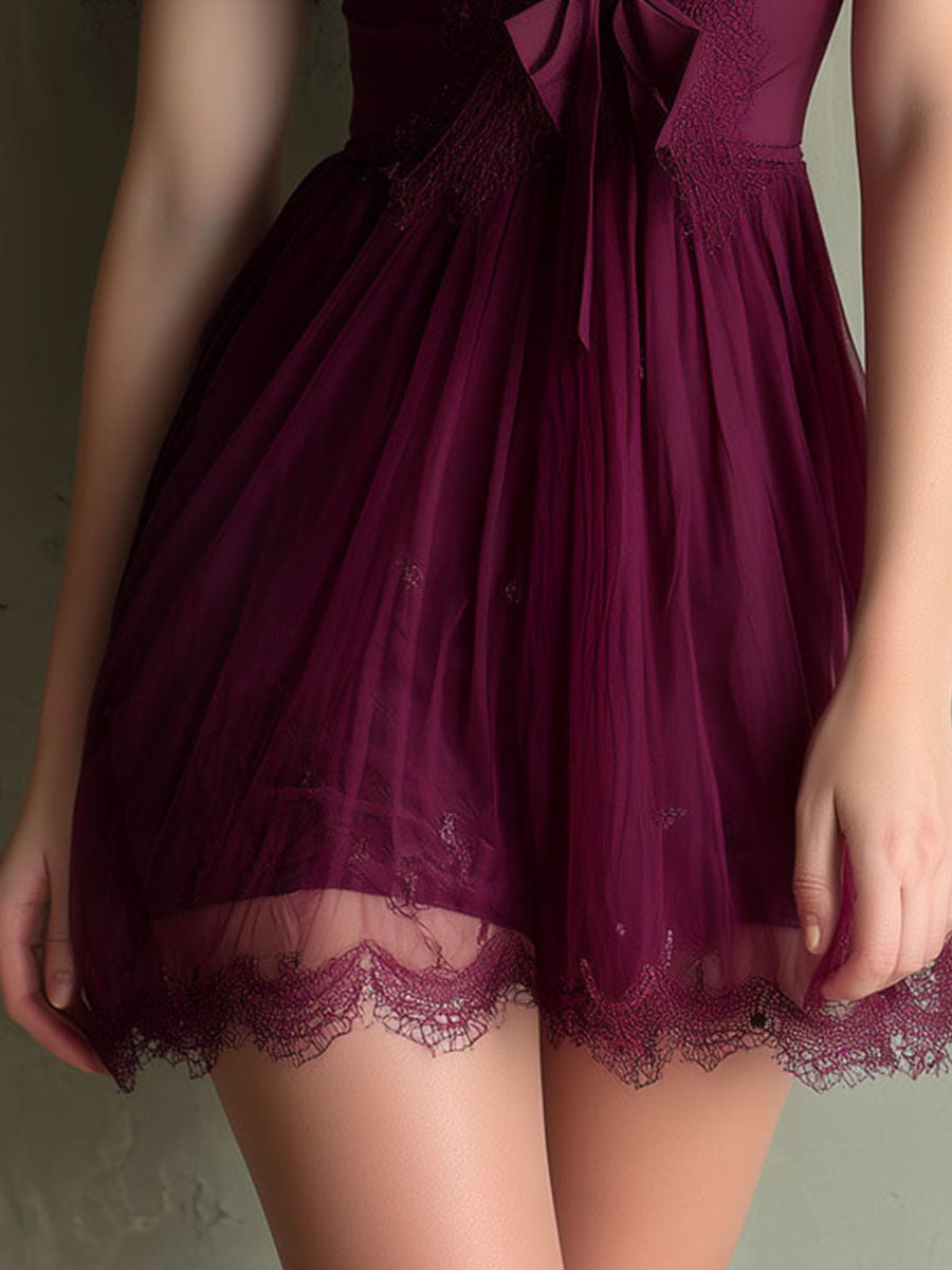 Romantic V-Neck Burgundy Lace And Tulle Bow Mini Dress