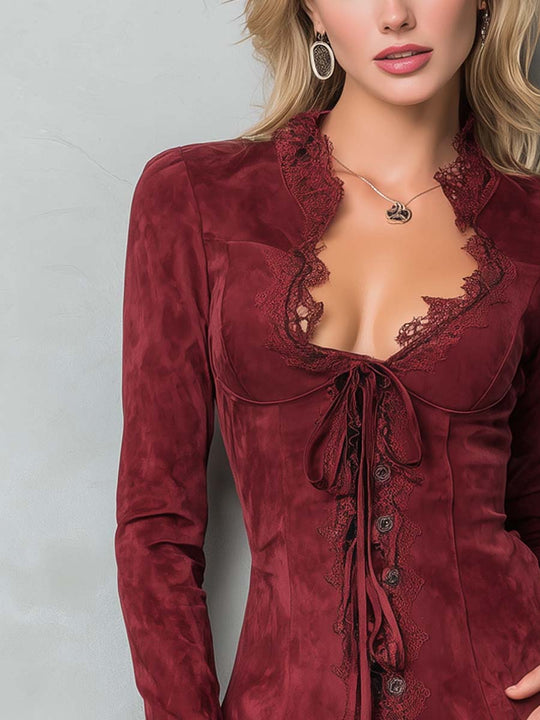 Vintage Lace Trim Polyester Suede Embroidered Blouse