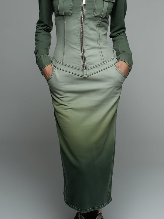 Retro Denim Gradient Washed Front Zipper Midi Dress