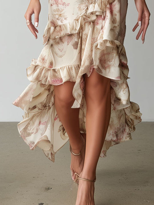 Elegant Floral Ruffled High Low Hem Satin Slip Dress