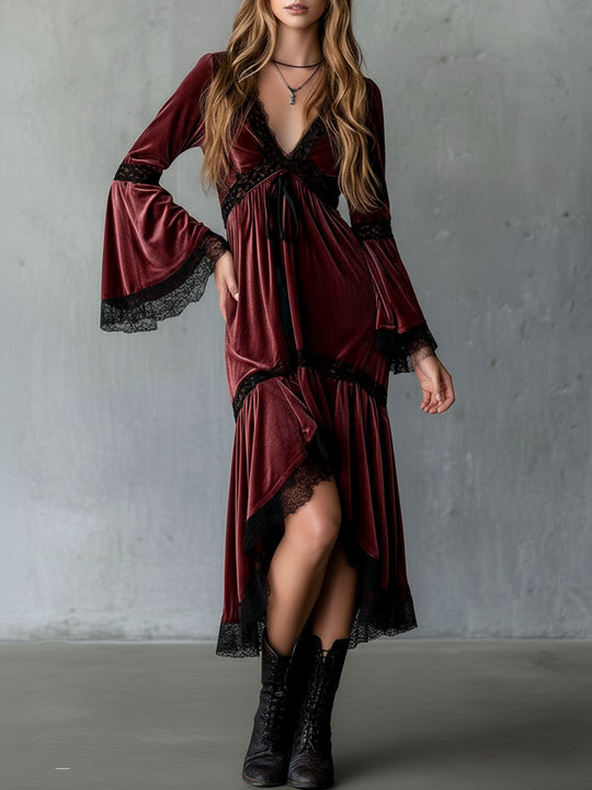 Vintage Burgundy Velvet Lace-Trim Boho Midi Dress