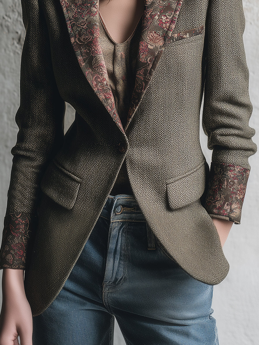 Classic Herringbone Wool Retro Pattern Slim Fit Blazer