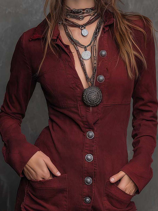 Washed Cotton Denim Frayed Hem Mini Dress