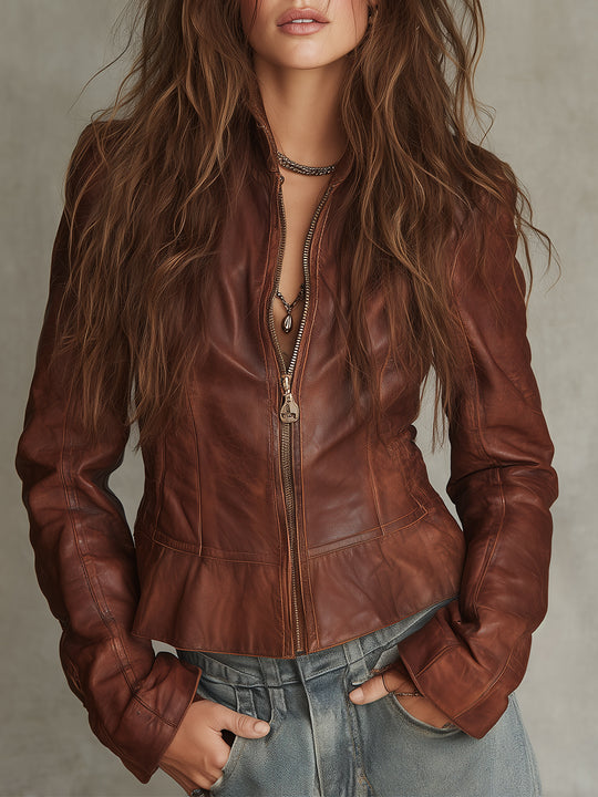 Retro Ruffled Hem Front Zip Eco-friendly PU Jacket