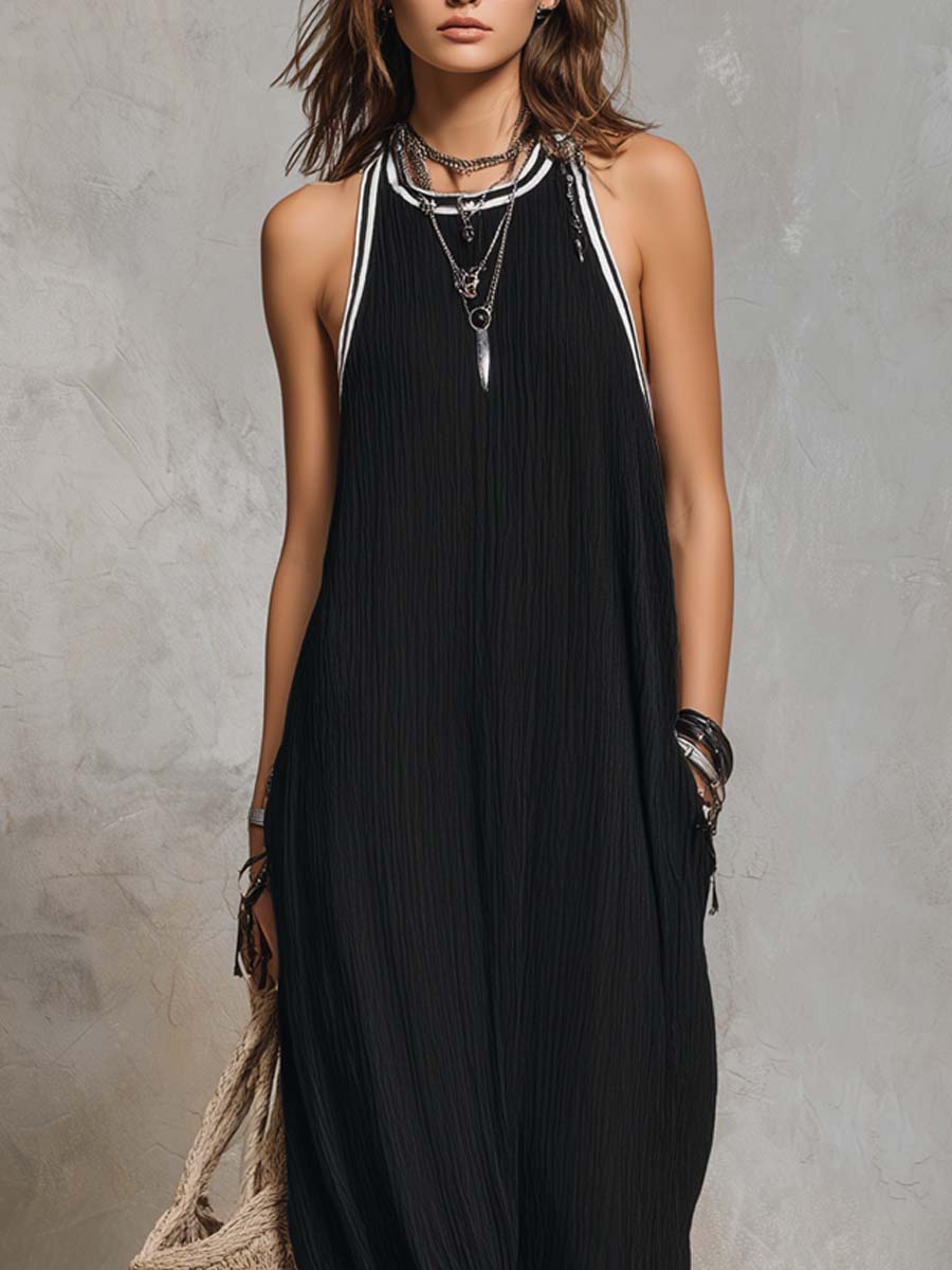Retro Contrast Trim Pleated Maxi Dress