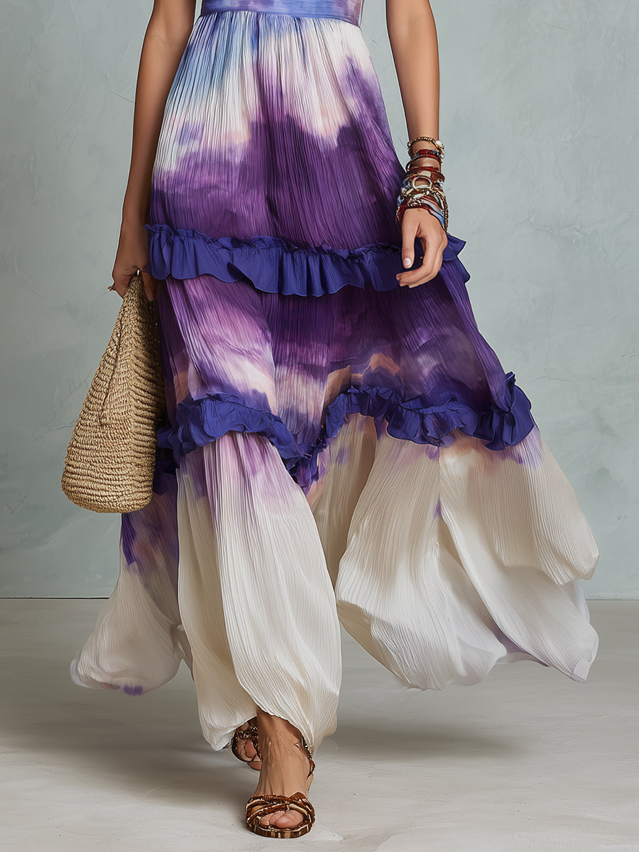 Retro Keyhole Collar Pleated Ruffle Hem Maxi Dress