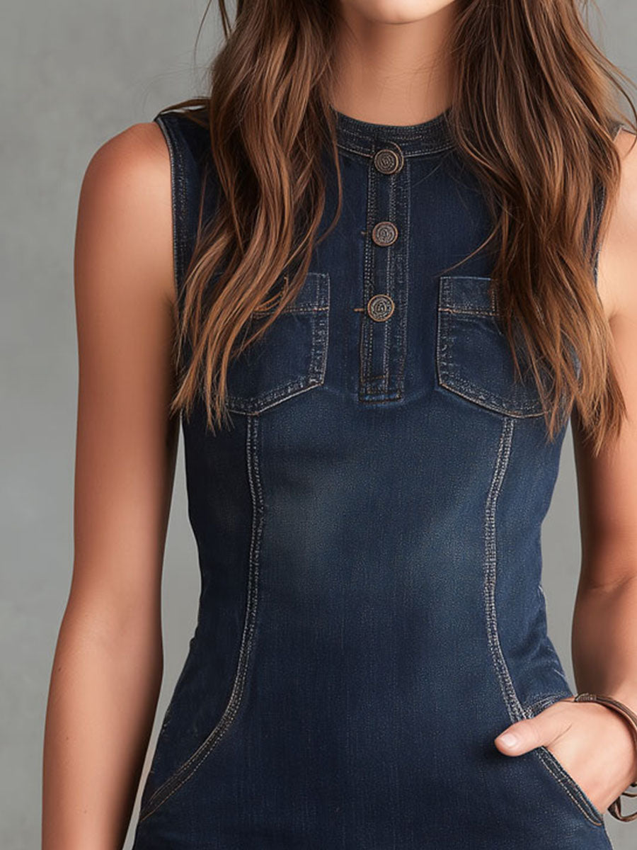 Retro Sleeveless Wash Denim Utility Mini Dress