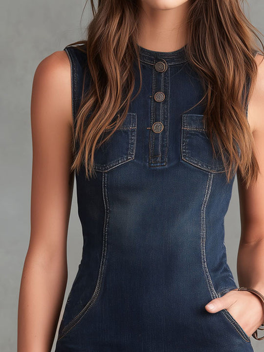 Retro Sleeveless Wash Denim Utility Mini Dress