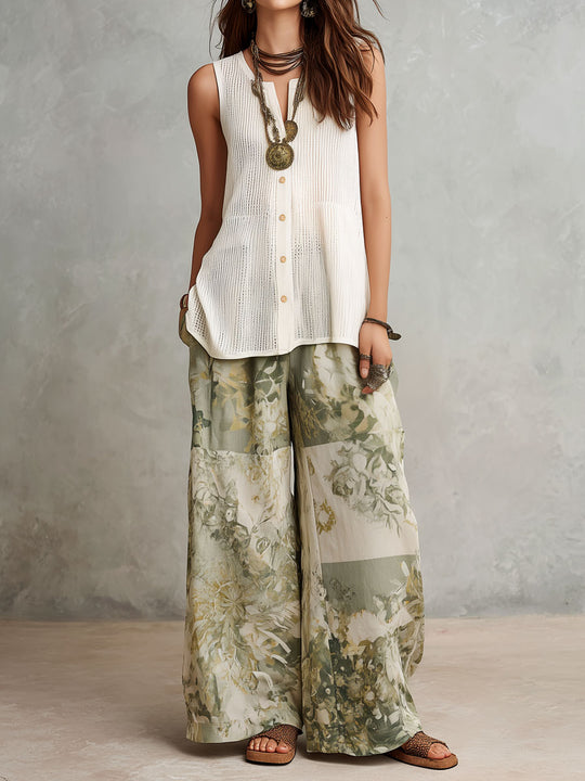 Boho Cream Knit Top And Sage Floral Patchwork Wide-Leg Pants Set