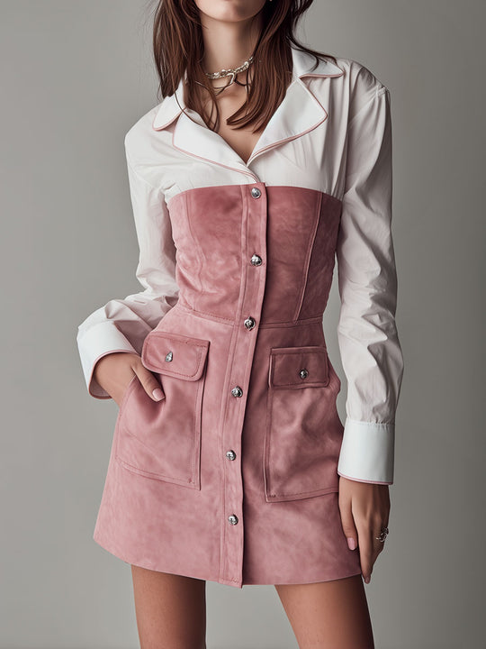 White Shirt Patchwork Blush Suede Corset Mini Dress With Pockets