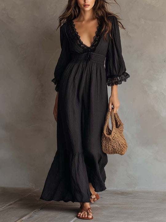Vintage V-neck Lace-trimmed Cotton Linen Jumpsuit