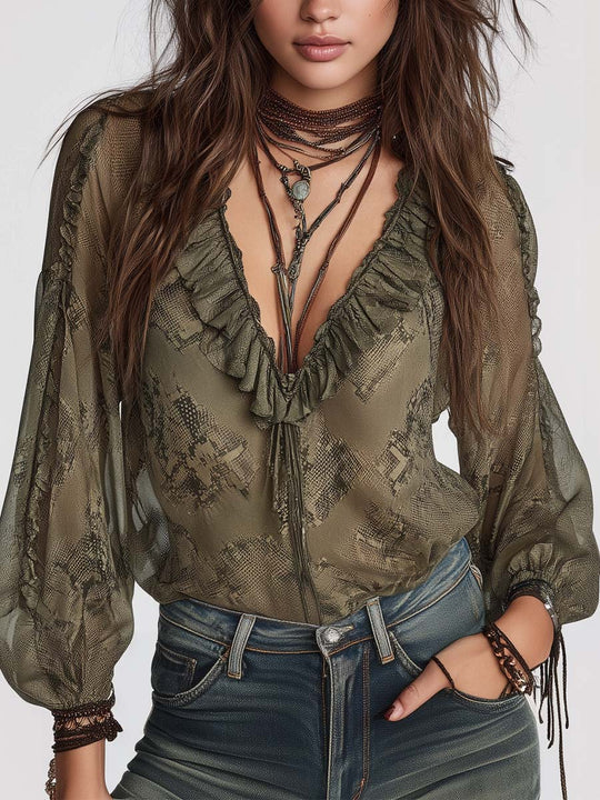 Ruffled Zip-Front Snake-Print Chiffon Blouse