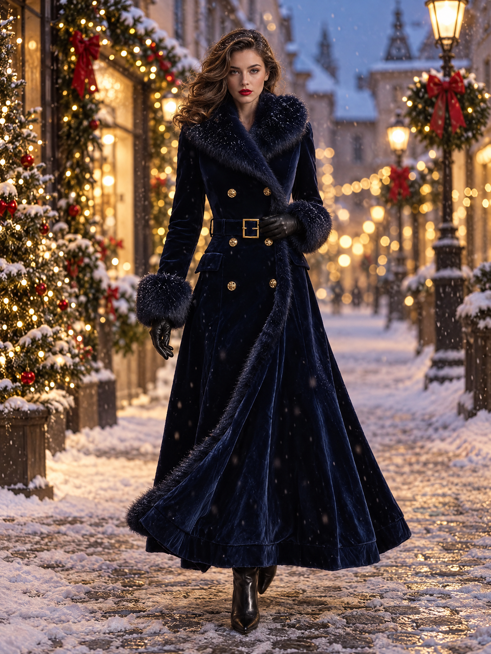 Elegant Mid-length Velvet Coat With Faux Fur Collar