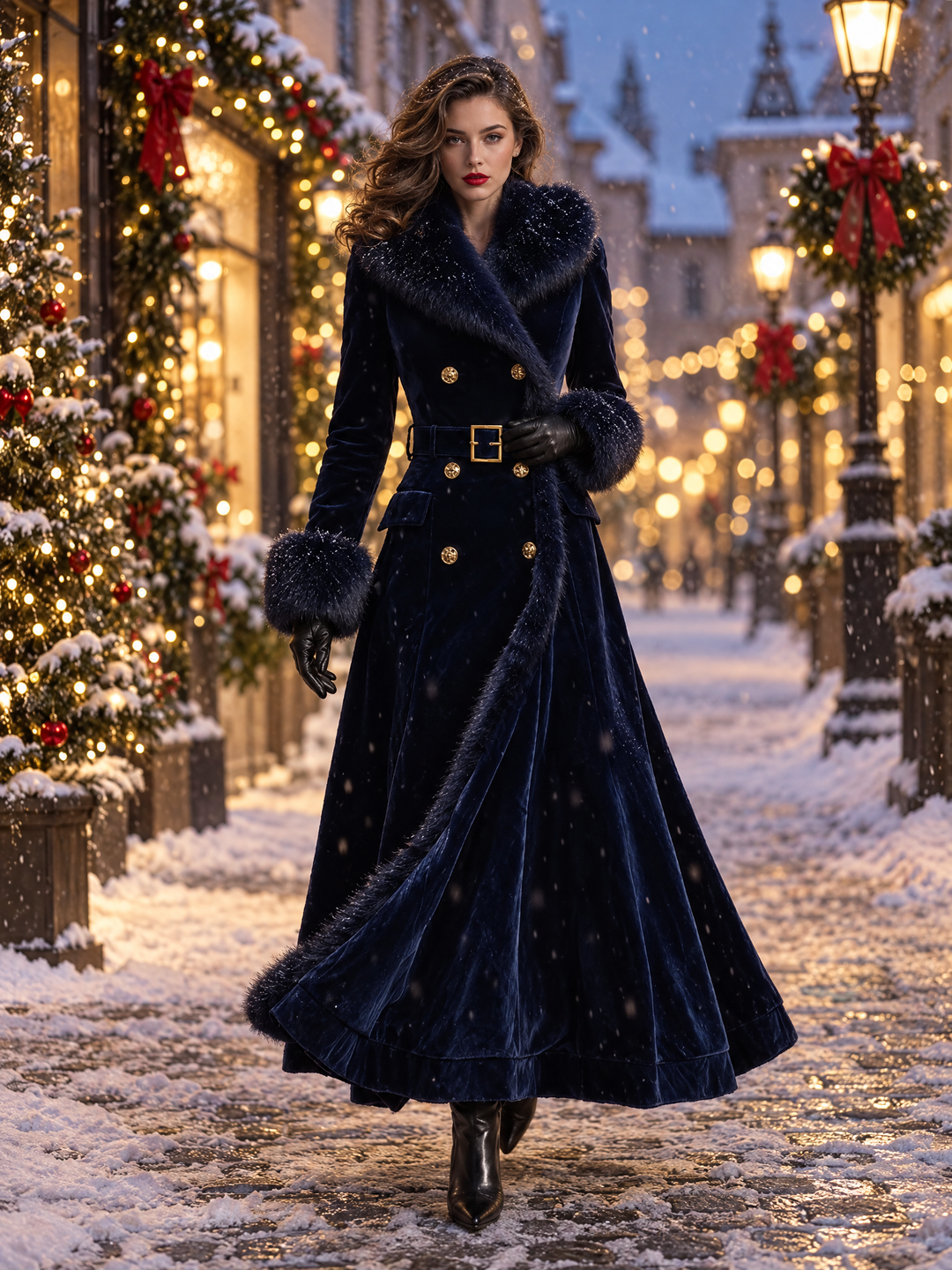 Elegant Mid-length Velvet Coat With Faux Fur Collar