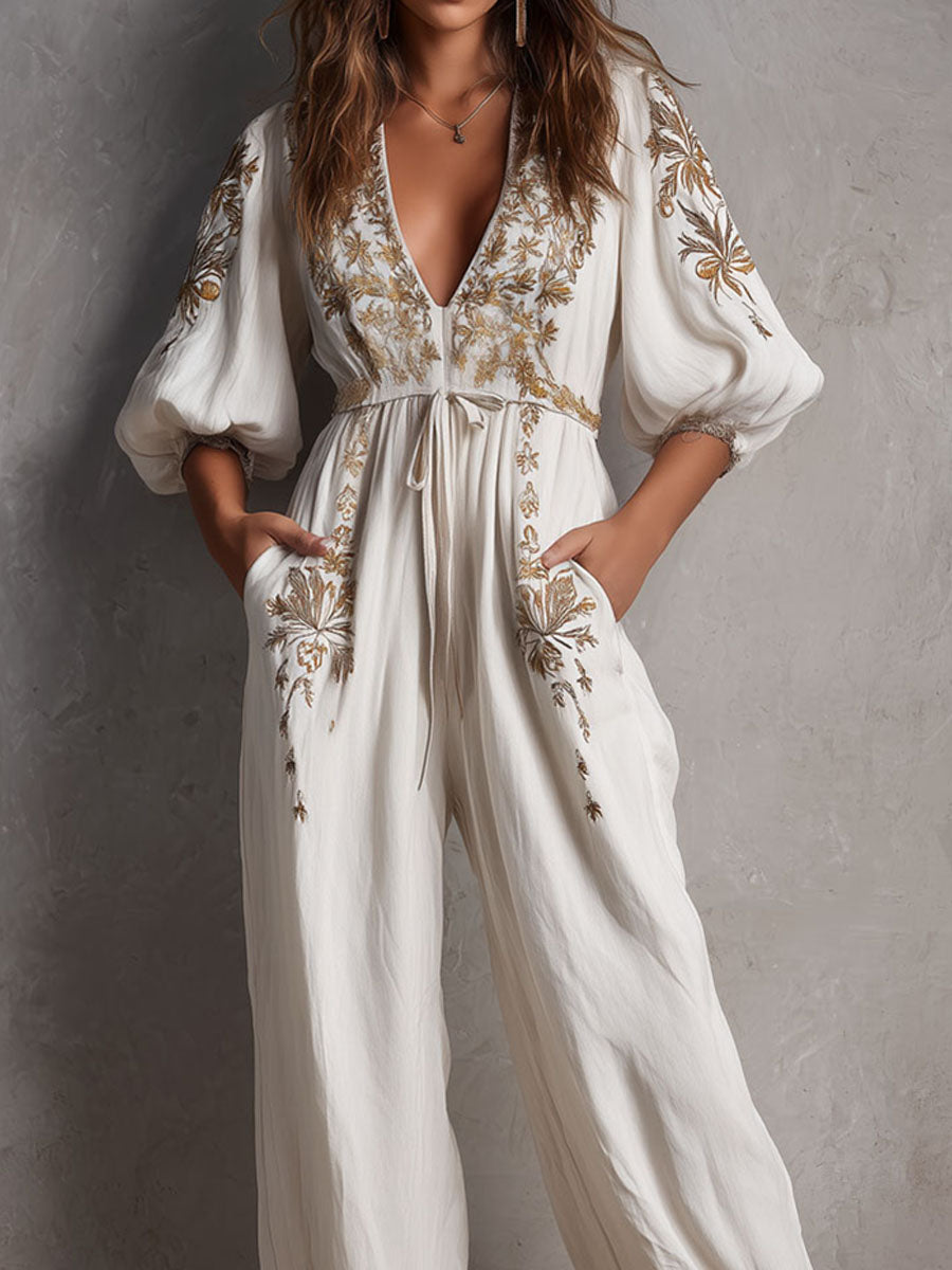 Boho Embroidered Ivory Wide-Leg One-Piece Jumpsuit