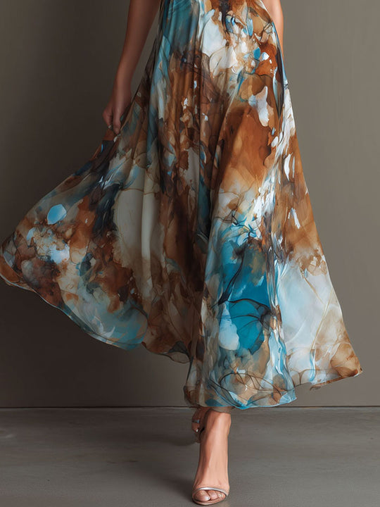 Boho Watercolor Print Chiffon Spaghetti Strap Maxi Dress