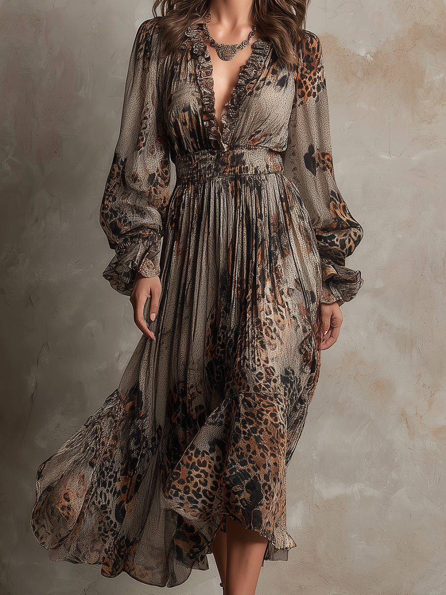 Bohemian Holiday Leopard Print Ruffle Neckline Chiffon Midi Dress