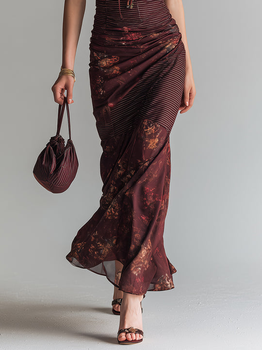 Retro Striped Flower Splicing Suspender Maxi Dress