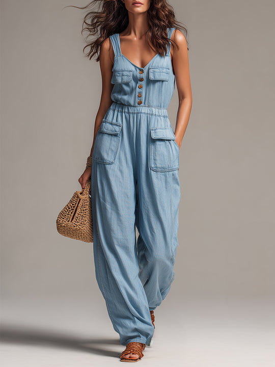 Boho Washed Denim Patch Pocket Wide Leg Jumpsuit