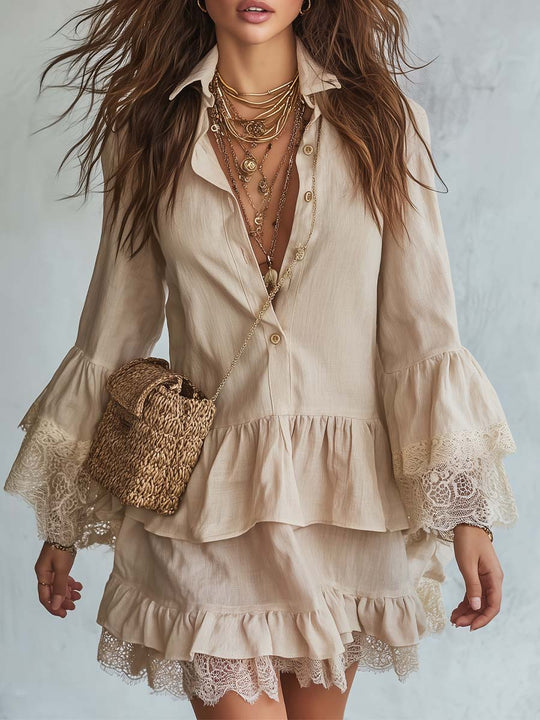 Vintage Boho Lace Trim Cotton Linen Mini Dress