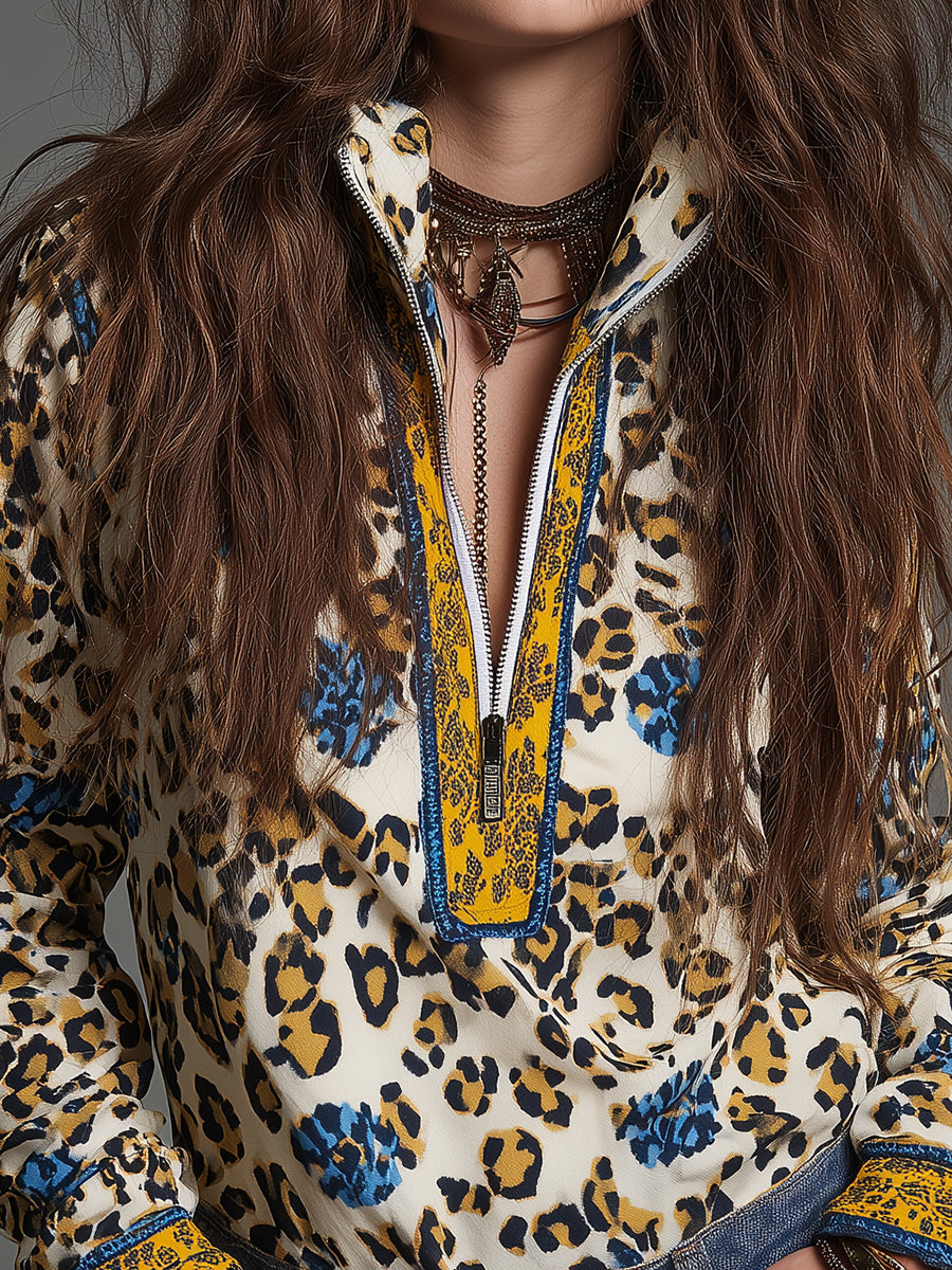 Retro Leopard Print Blouse With Front Zipper And Stand-up Collar.