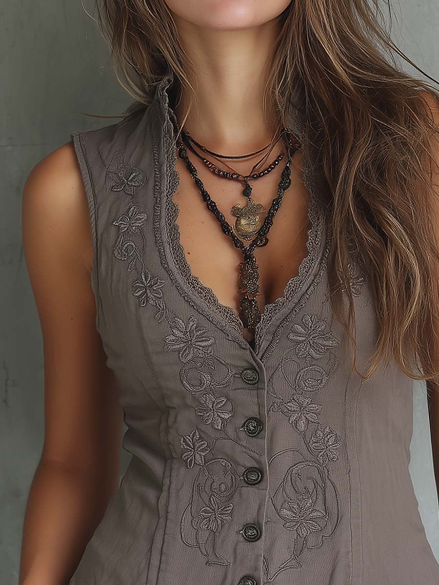 Vintage Lace Trim Floral Embroidered Cotton Linen Vest