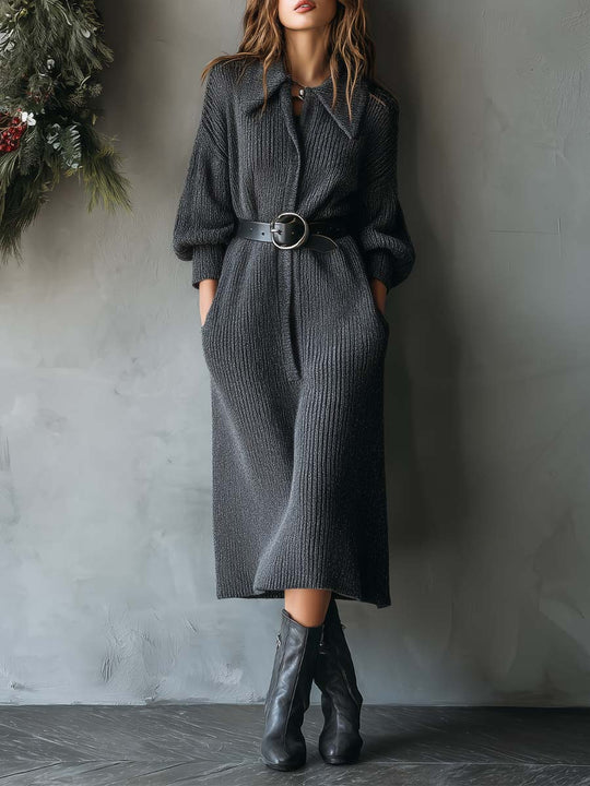 Ribbed Knit Oversized Maxi Dress With Statement Collar And Leather Belt