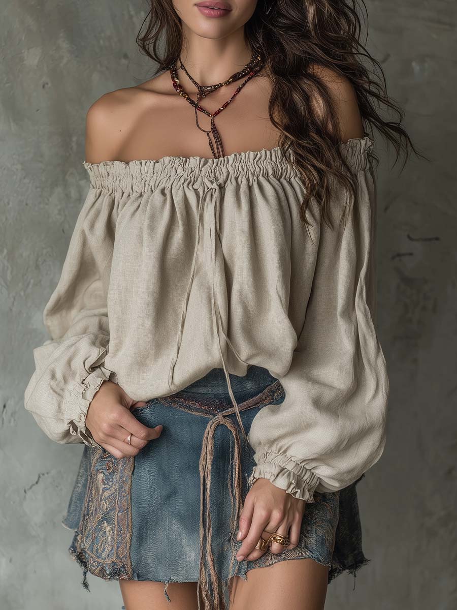 Natural Texture Off-Shoulder Drawstring Blouse
