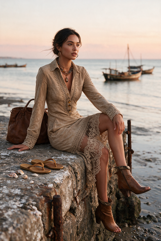 Vintage Suede Lace-Trim Long Sleeve Midi Dress with Button Front
