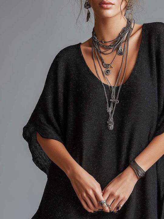 Retro Loose-fitting Batwing Sleeve Sparkly Knit Mini Dress