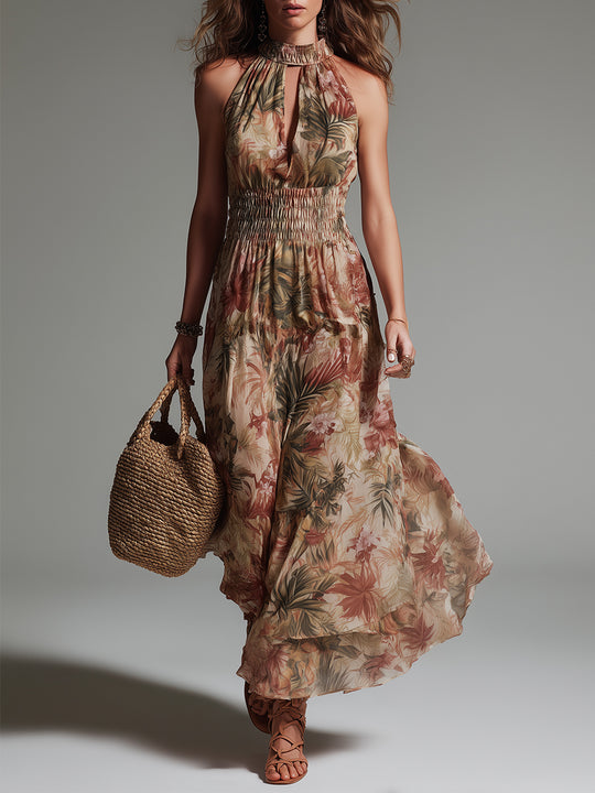 Tropical Rainforest Print Keyhole Maxi Dress