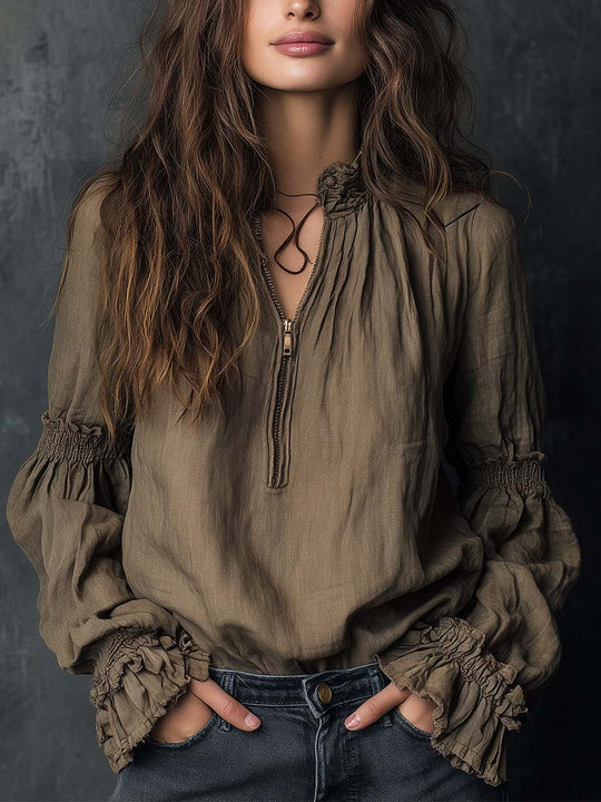 Boho Ruffled Cuff Half-Zip Blouse
