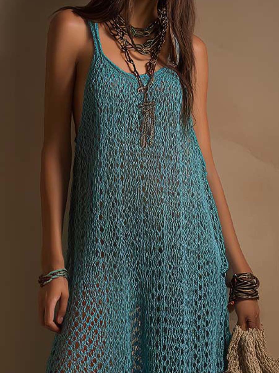 Vacation-style Ocean Teal Open-knit Slip Maxi Dress