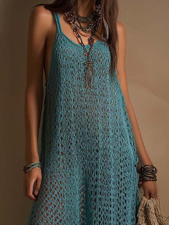 Vacation-style Ocean Teal Open-knit Slip Maxi Dress