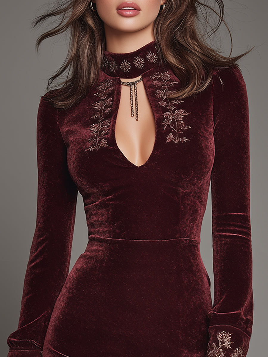 Elegant Embroidered Polyester Velvet Mini Dress With Keyhole Neckline.