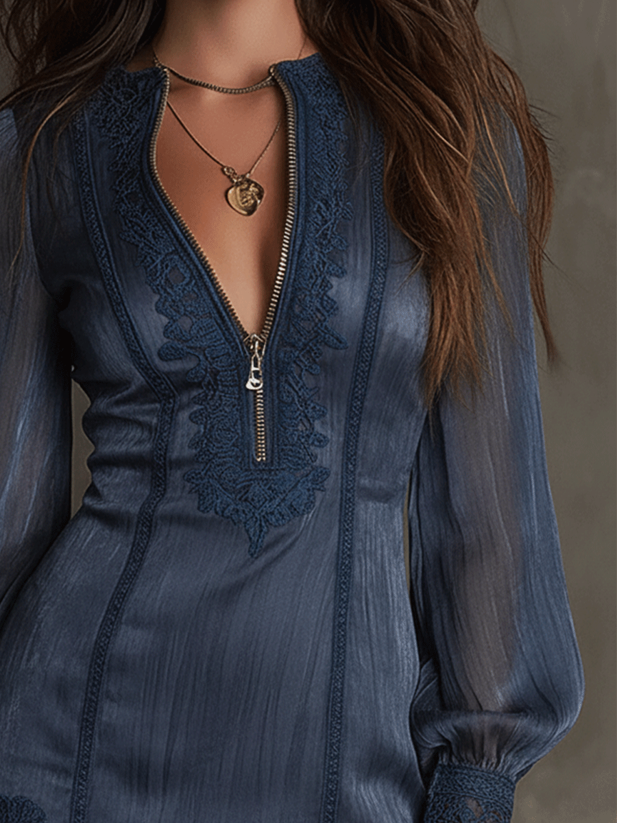 Elegant Chiffon Sheer Zip-Front Boho Mini Dress