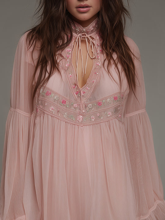 Romantic Chiffon Crinkle Embroidered Keyhole Neckline Mini Dress