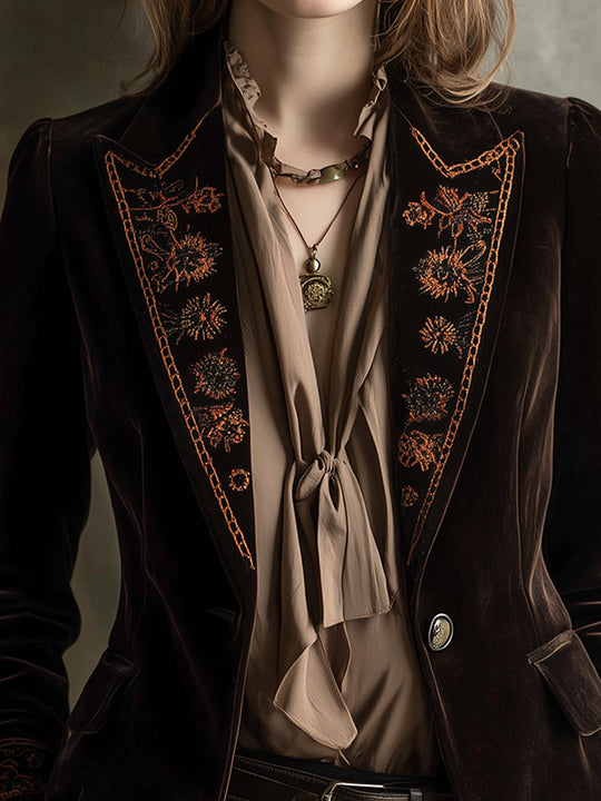 Quiet Luxury Polyester Velvet Embroidery Blazer
