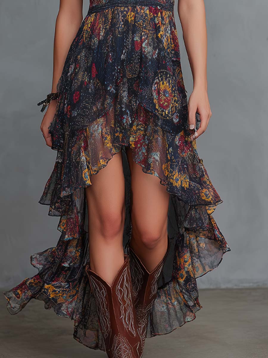 Retro Ethnic Print Chiffon Midi Dress